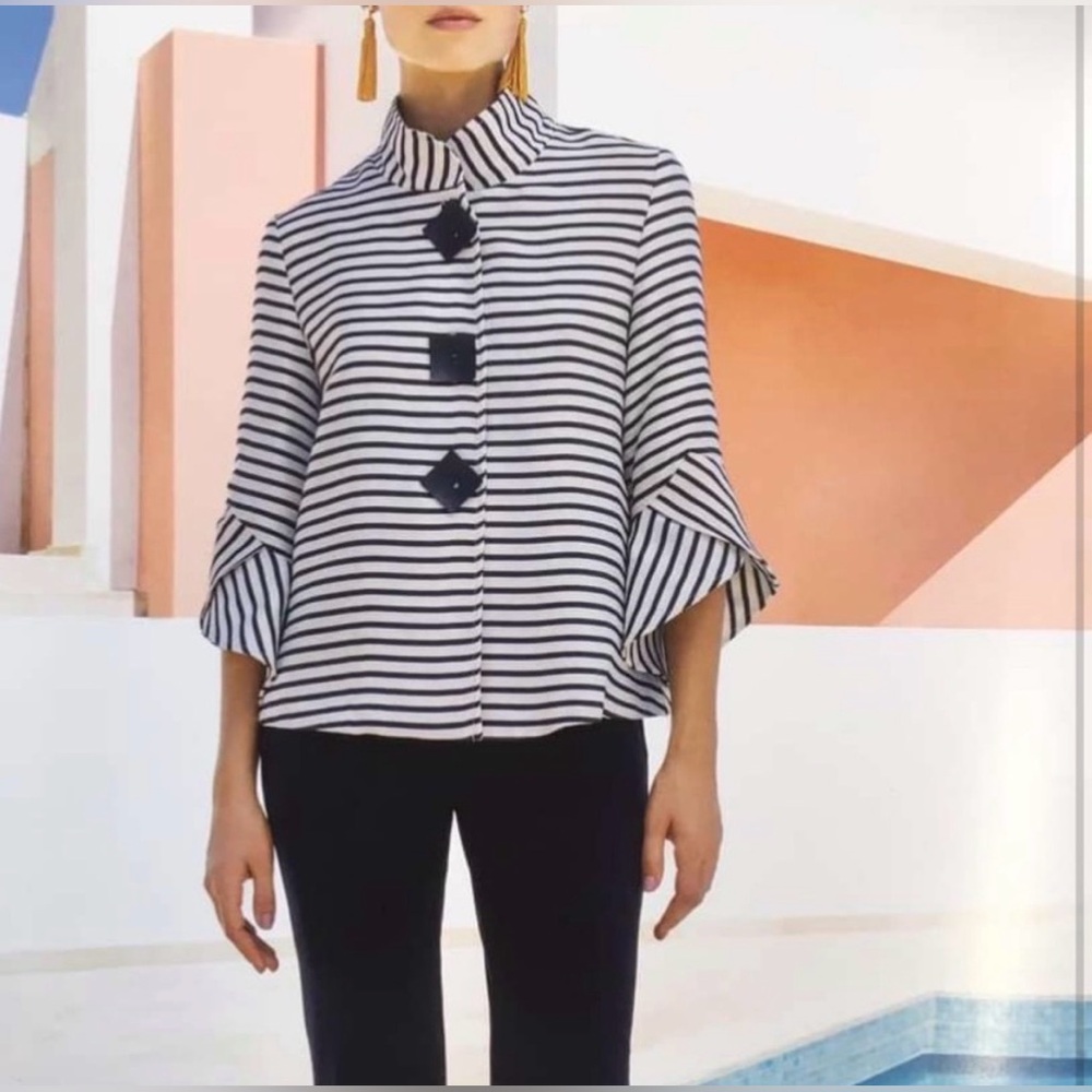 Joseph Ribkoff Black and White Striped Bell-Sleeve Button-Front  jacket - Picture 3 of 11